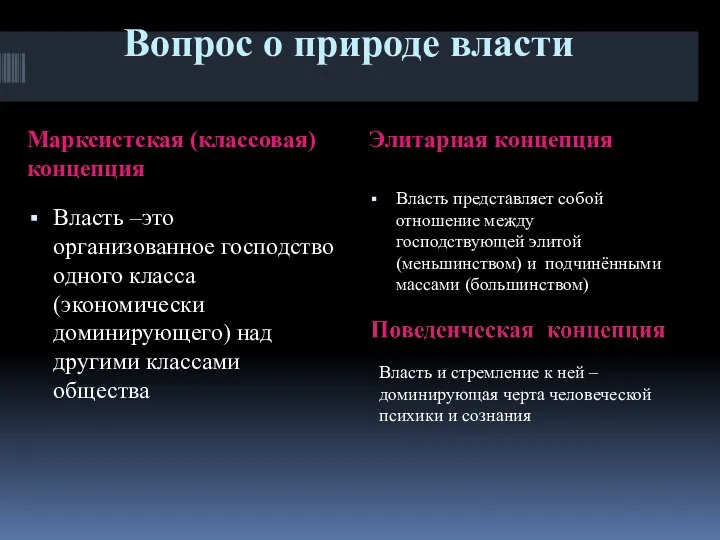 Вопрос о природе власти Марксистская (классовая) концепция Элитарная концепция Власть –это