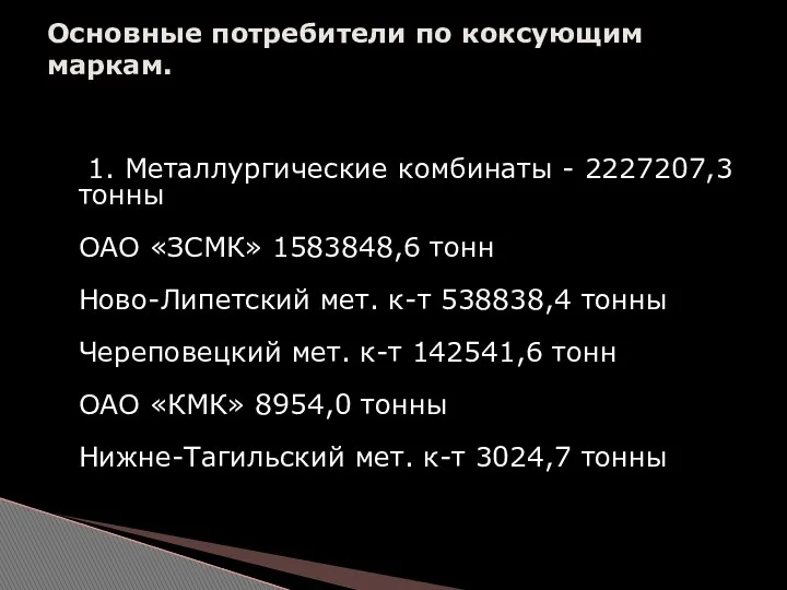 1. Металлургические комбинаты - 2227207,3 тонны ОАО «ЗСМК» 1583848,6 тонн Ново-Липетский