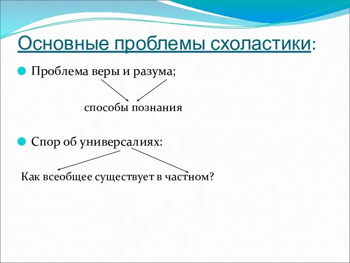 Основные проблемы схоластики: Проблема веры и разума; способы познания Спор об