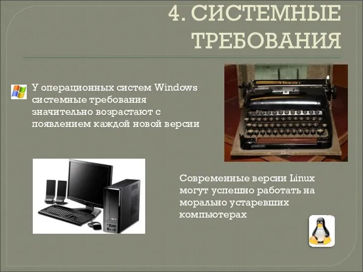 4. СИСТЕМНЫЕ ТРЕБОВАНИЯ У операционных систем Windows системные требования значительно возрастают