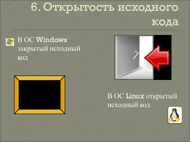 6. Открытость исходного кода В ОС Windows закрытый исходный код В ОС Linux открытый исходный код