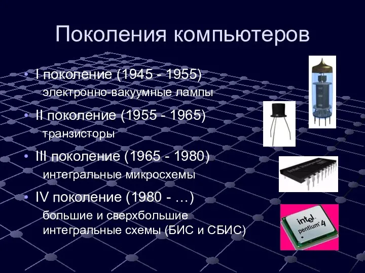 Поколения компьютеров I поколение (1945 - 1955) электронно-вакуумные лампы II поколение