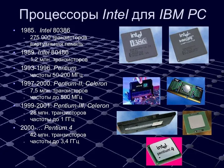 Процессоры Intel для IBM PC 1985. Intel 80386 275 000 транзисторов