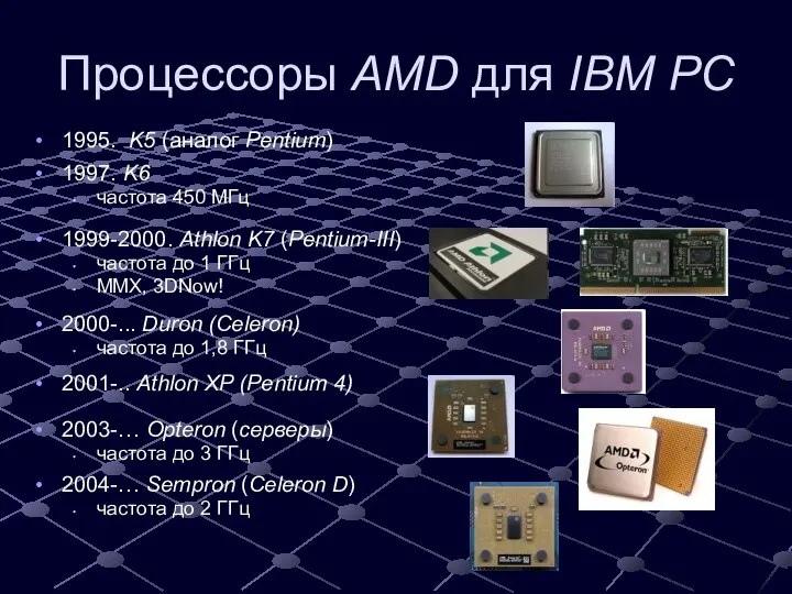 Процессоры AMD для IBM PC 1995. K5 (аналог Pentium) 1997. K6