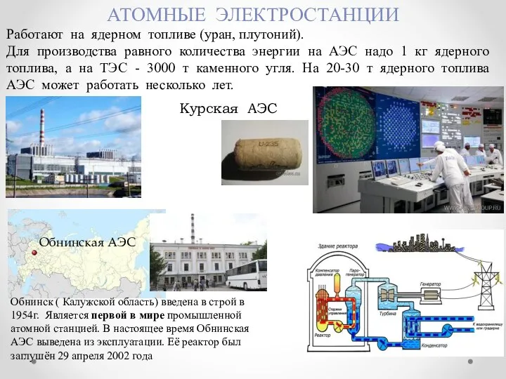 АТОМНЫЕ ЭЛЕКТРОСТАНЦИИ Курская АЭС Работают на ядерном топливе (уран, плутоний). Для