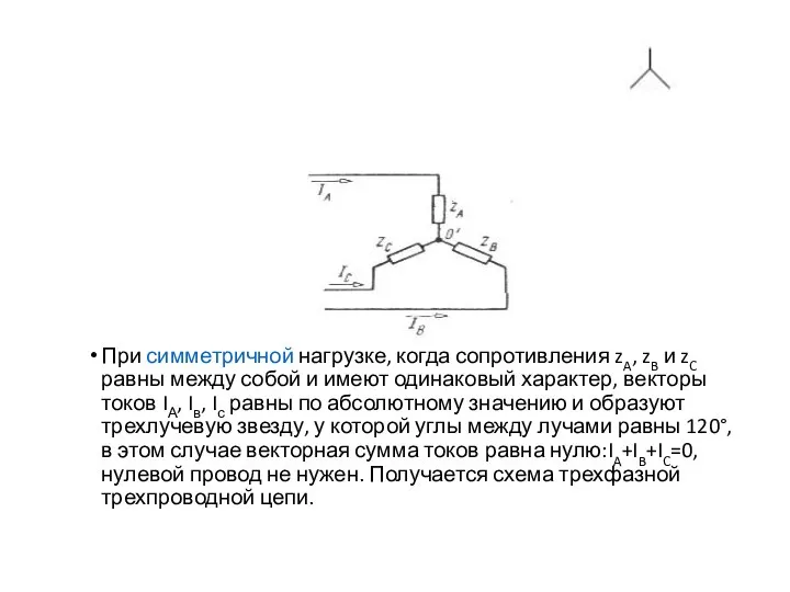 При симметричной нагрузке, когда сопротивления zA, zB и zC равны между