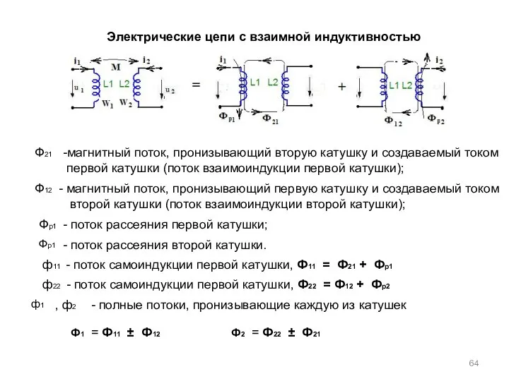 Электрические цепи с взаимной индуктивностью Ф21 -магнитный поток, пронизывающий вторую катушку