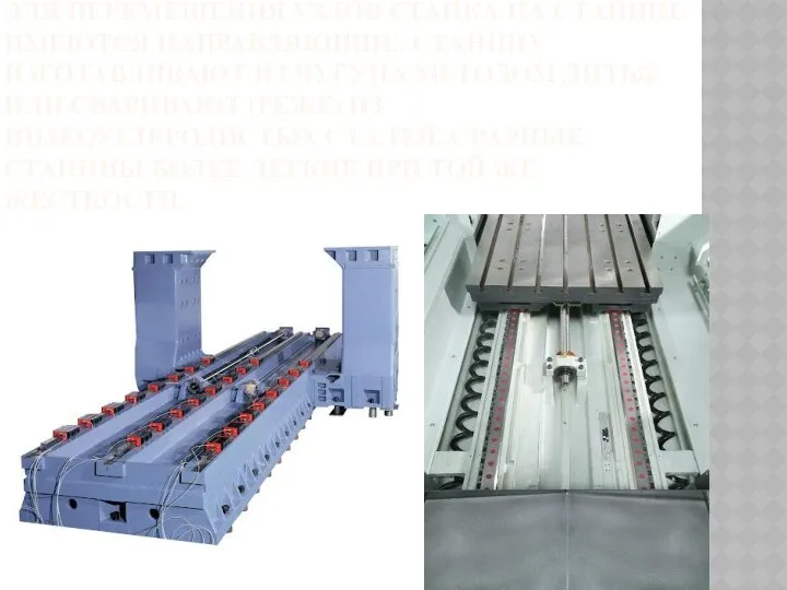 ДЛЯ ПЕРЕМЕЩЕНИЯ УЗЛОВ СТАНКА НА СТАНИНЕ ИМЕЮТСЯ НАПРАВЛЯЮЩИЕ. СТАНИНУ ИЗГОТАВЛИВАЮТ ИЗ