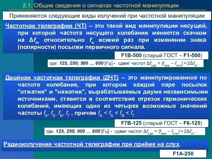 2.1. Общие сведения о сигналах частотной манипуляции Частотная телеграфия (ЧТ) –