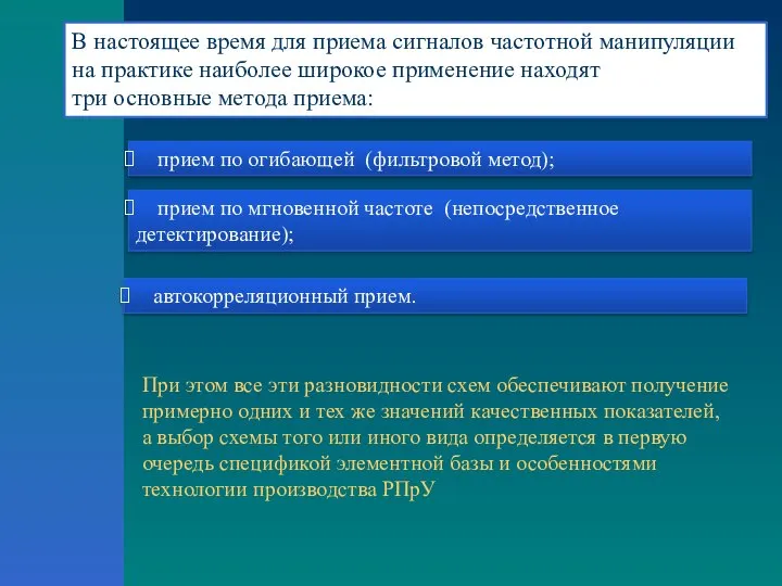 В настоящее время для приема сигналов частотной манипуляции на практике наиболее