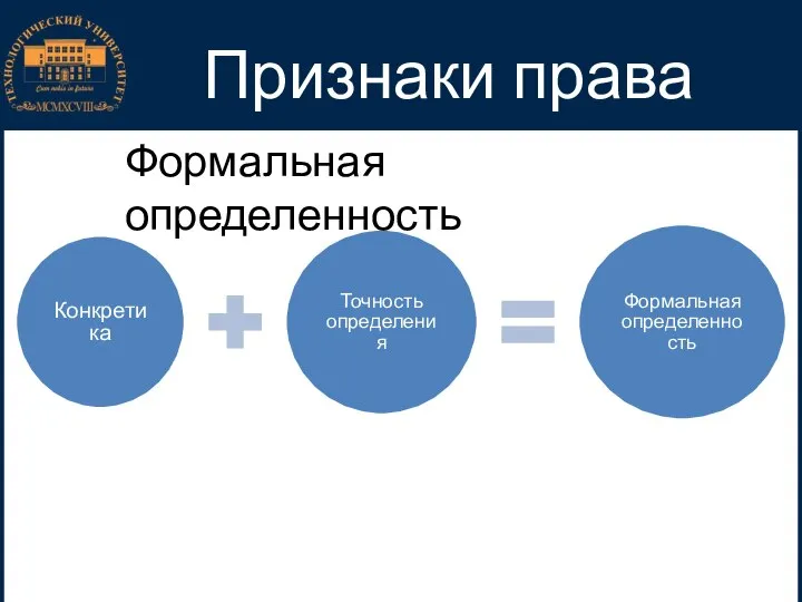 Признаки права Конкретика Точность определения Формальная определенность Формальная определенность