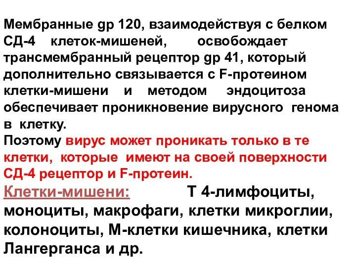 Мембранные gp 120, взаимодействуя с белком СД-4 клеток-мишеней, освобождает трансмембранный рецептор