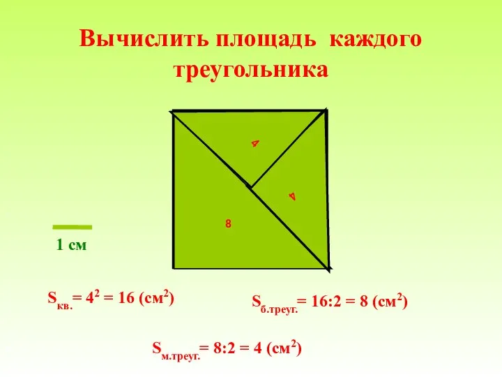 Вычислить площадь каждого треугольника Sкв.= 42 = 16 (см2) Sб.треуг.= 16:2