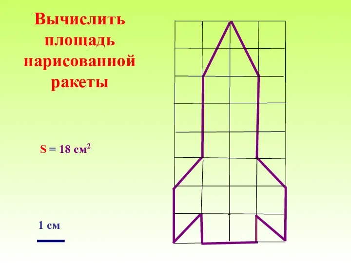 Вычислить площадь нарисованной ракеты 1 см S = 18 см2