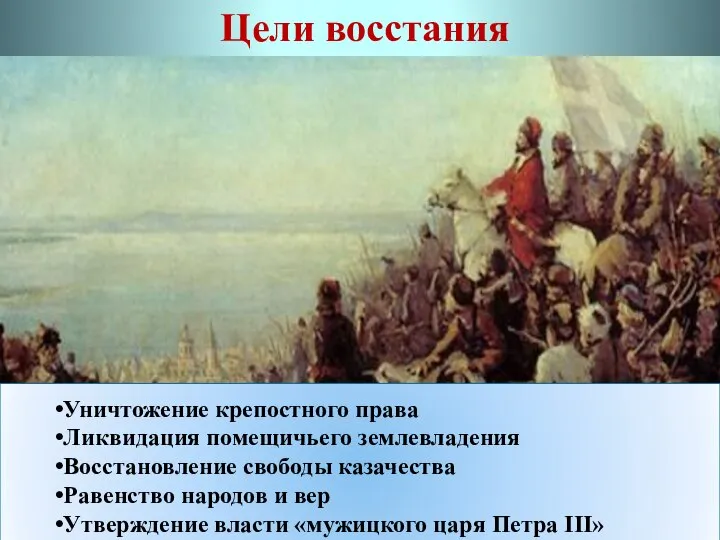 Цели восстания Уничтожение крепостного права Ликвидация помещичьего землевладения Восстановление свободы казачества