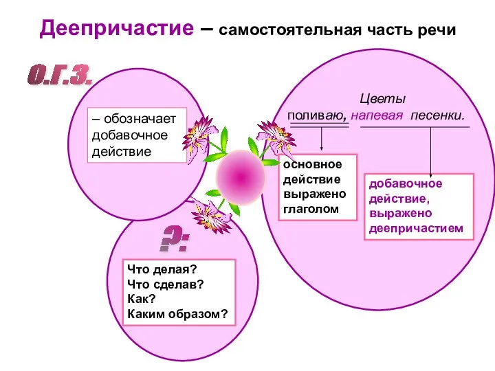 Деепричастие – самостоятельная часть речи О.Г.З. – обозначает добавочное действие Цветы