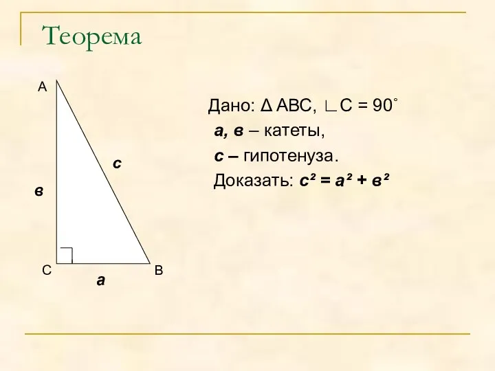 Теорема Дано: Δ АВС, ∟С = 90˚ а, в – катеты,