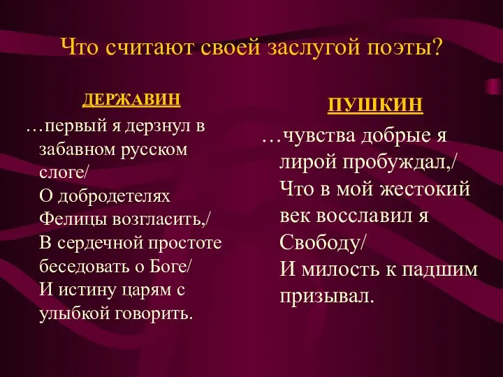 Что считают своей заслугой поэты? ДЕРЖАВИН …первый я дерзнул в забавном