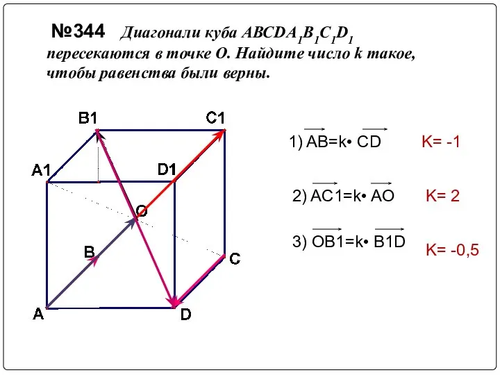 №344 Диагонали куба АВСDА1В1С1D1 пересекаются в точке О. Найдите число k