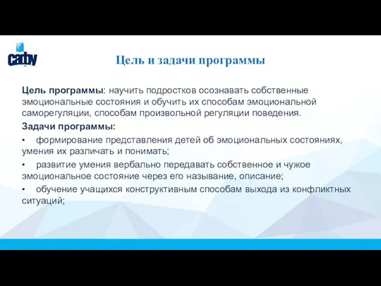 Цель и задачи программы Цель программы: научить подростков осознавать собственные эмоциональные