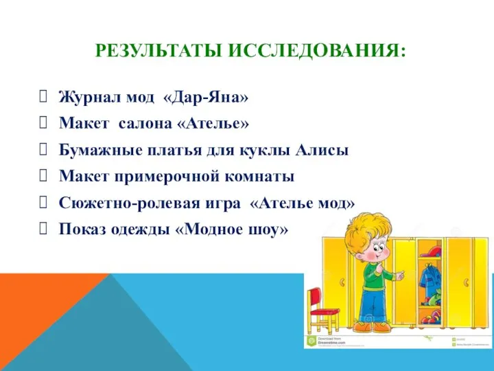 РЕЗУЛЬТАТЫ ИССЛЕДОВАНИЯ: Журнал мод «Дар-Яна» Макет салона «Ателье» Бумажные платья для