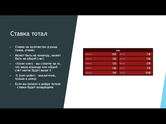 Ставка тотал Ставка на количество (сумма голов, очков) Может быть на