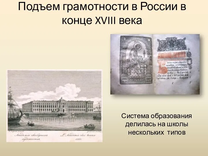 Подъем грамотности в России в конце XVIII века Система образования делилась на школы нескольких типов