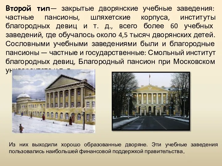Второй тип— закрытые дворянские учебные заведения: частные пансионы, шляхетские корпуса, институты