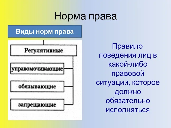 Норма права Правило поведения лиц в какой-либо правовой ситуации, которое должно обязательно исполняться Виды норм права