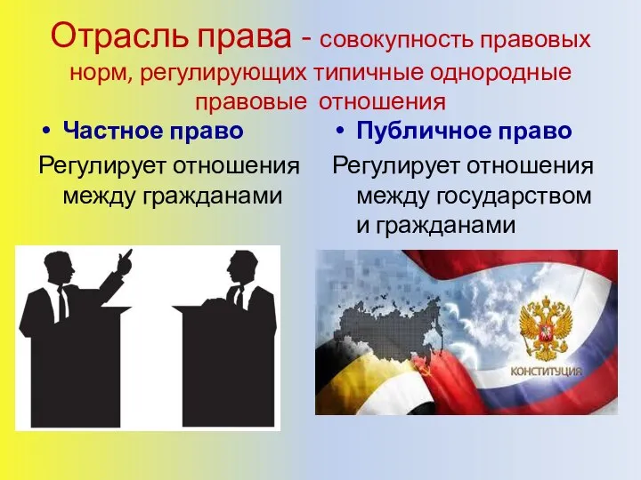 Отрасль права - совокупность правовых норм, регулирующих типичные однородные правовые отношения