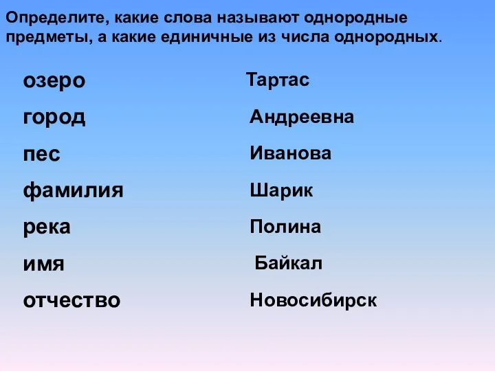 Определите, какие слова называют однородные предметы, а какие единичные из числа однородных.