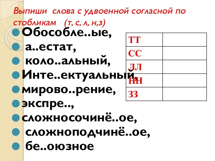 Выпиши слова с удвоенной согласной по стобликам (т, с, л, н,з)