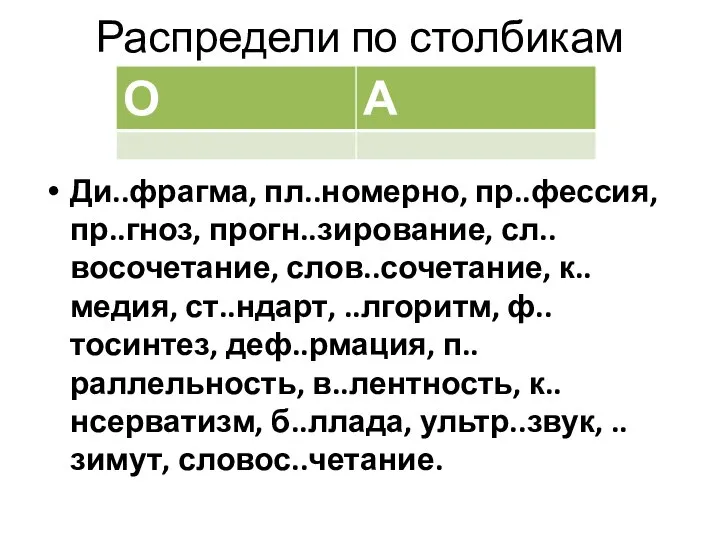 Распредели по столбикам Ди..фрагма, пл..номерно, пр..фессия, пр..гноз, прогн..зирование, сл..восочетание, слов..сочетание, к..медия,