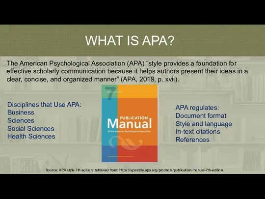 WHAT IS APA? The American Psychological Association (APA) “style provides a