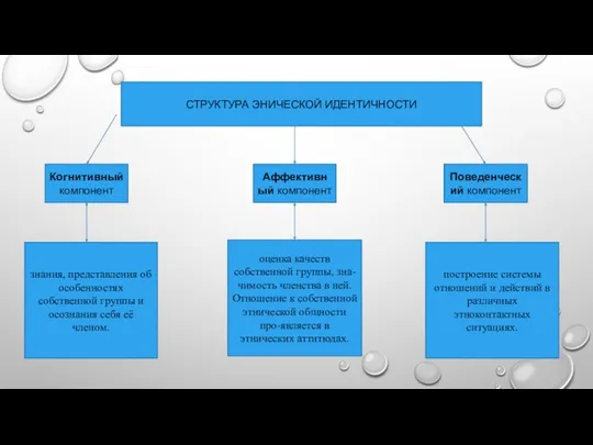 СТРУКТУРА ЭНИЧЕСКОЙ ИДЕНТИЧНОСТИ Когнитивный компонент Поведенческий компонент Аффективный компонент знания, представления