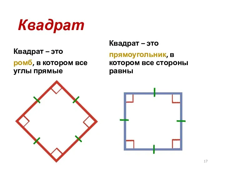 Квадрат Квадрат – это ромб, в котором все углы прямые Квадрат