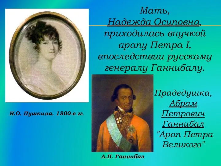 Мать, Надежда Осиповна, приходилась внучкой арапу Петра I, впоследствии русскому генералу