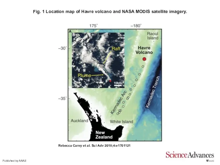 Fig. 1 Location map of Havre volcano and NASA MODIS satellite