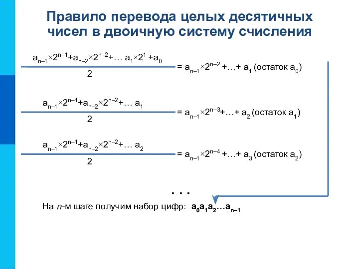 Правило перевода целых десятичных чисел в двоичную систему счисления an–1×2n–1+an–2×2n–2+… a1×21