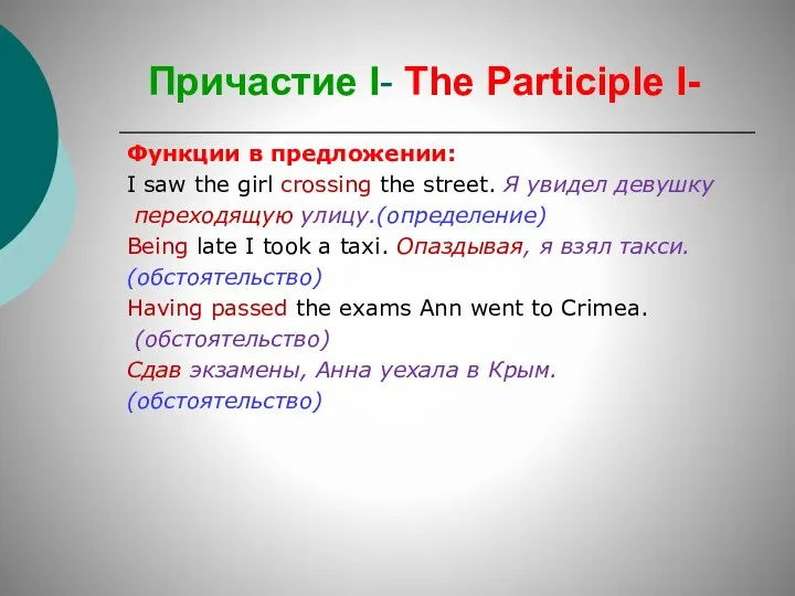 Функции в предложении: I saw the girl crossing the street. Я