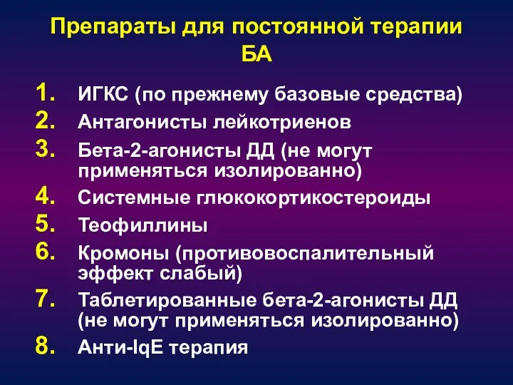 Препараты для постоянной терапии БА ИГКС (по прежнему базовые средства) Антагонисты