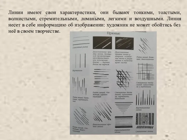 Линии имеют свои характеристики, они бывают тонкими, толстыми, волнистыми, стремительными, ломаными,