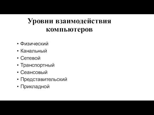 Уровни взаимодействия компьютеров Физический Канальный Сетевой Транспортный Сеансовый Представительский Прикладной