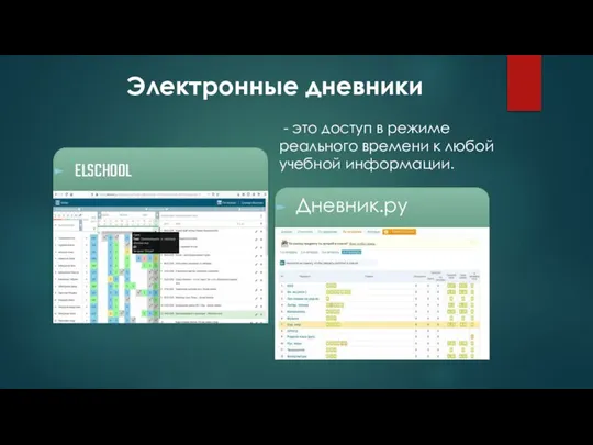 Электронные дневники ELSCHOOL Дневник.ру - это доступ в режиме реального времени к любой учебной информации.