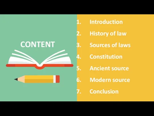 CONTENT Introduction History of law Sources of laws Constitution Ancient source Modern source Conclusion