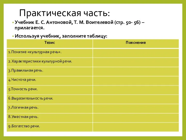 Практическая часть: Учебник Е. С. Антоновой, Т. М. Воителевой (стр. 50-