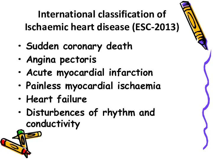 Sudden coronary death Angina pectoris Acute myocardial infarction Painless myocardial ischaemia