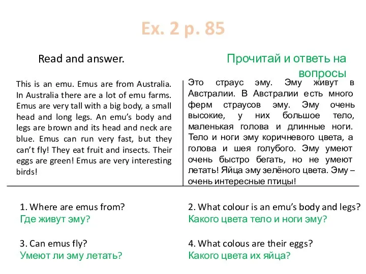 Ex. 2 p. 85 Read and answer. Прочитай и ответь на