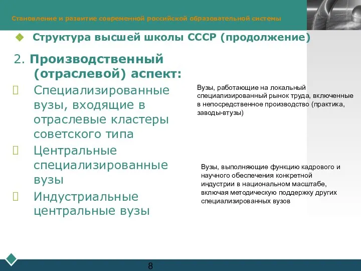 Становление и развитие современной российской образовательной системы Структура высшей школы СССР