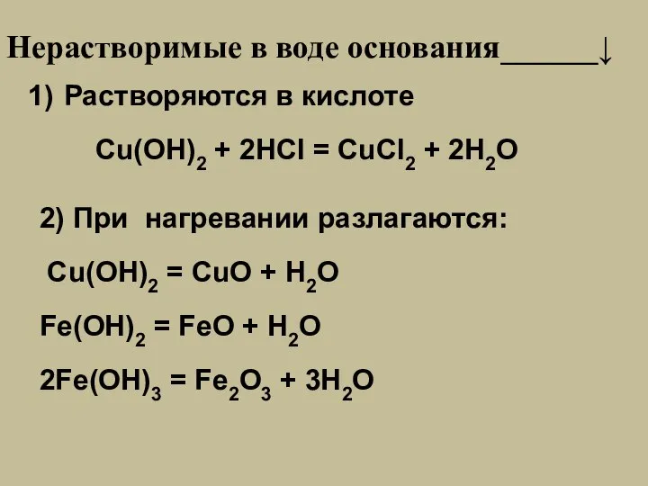 Нерастворимые в воде основания______↓ Растворяются в кислоте Cu(OH)2 + 2HCl =